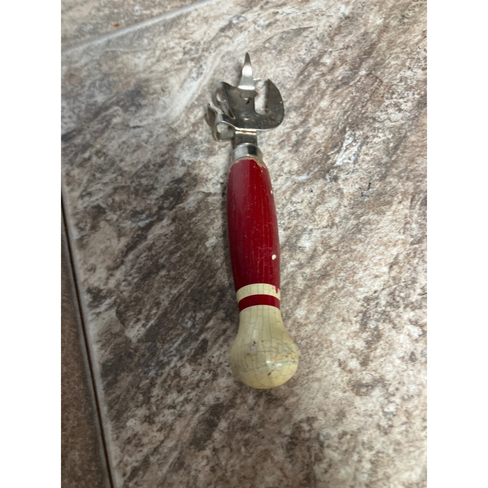 Vintage A&J Can Bottle Opener Red White Wood Bowling Pin Handle Tool Steel USA